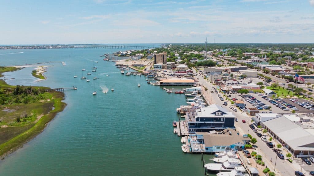 Morehead City Aerial Drone shot featuring Tower7 Restaurant on the water.